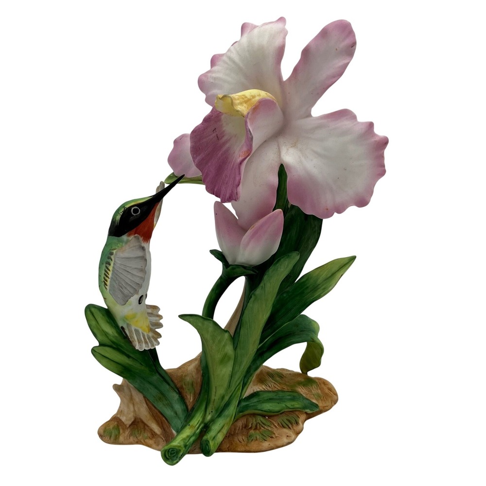 Homco Figurine Masterpiece Bone China 1985 Pink Orchid Hummingbird Vintage